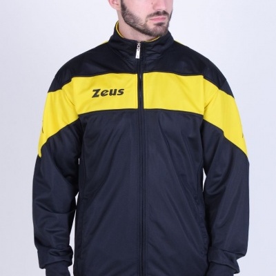 Casaco desportivo preto e amarelo com fecho e texto Zeus no peito