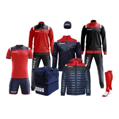 Conjunto desportivo vermelho, preto e azul com logótipo Zeus, incluindo mochila e boné