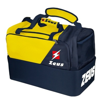 Mala desportiva amarela e azul escuro com alças e texto Zeus