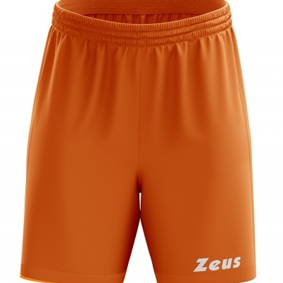 Calções desportivos laranja com cós elástico e texto Zeus branco na perna esquerda