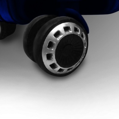 Roda preta com centro cinza metálico na base azul