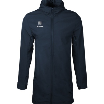 Casaco comprido azul escuro com capuz e fecho de correr, logótipo ZEUS branco no peito