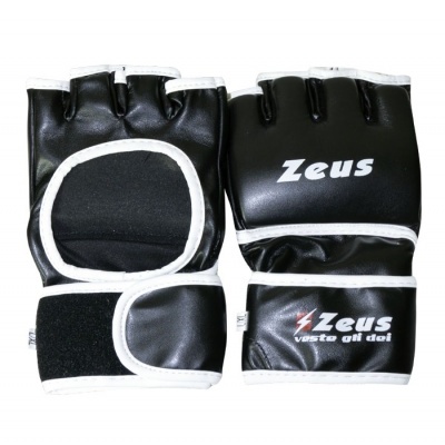 Par de luvas pretas de luta com detalhes brancos e texto Zeus