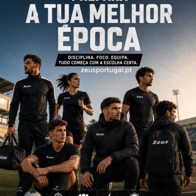 Seis atletas com roupa desportiva preta Zeus num estádio ao ar livre, texto PREPARA A TUA MELHOR ÉPOCA ao fundo