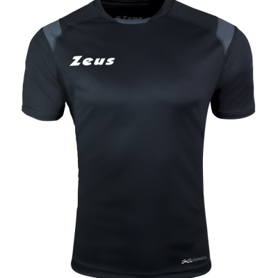 T-shirt preta Zeus com ombros cinzentos e logo branco.