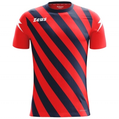 Camisola desportiva de manga curta vermelha e azul com riscas diagonais