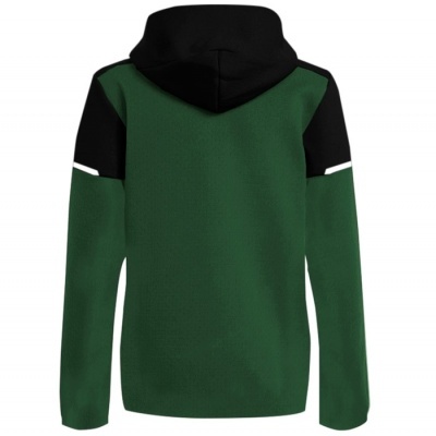 Casaco com capuz verde e preto visto de trás