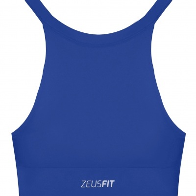 Top desportivo azul com logo ZEUSFIT branco