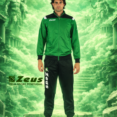 Homem vestido com conjunto desportivo verde e preto Zeus com logo, em fundo verde com estátuas e ruínas gregas.