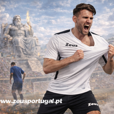 Homem com camiseta branca e calções pretos Zeus em estádio com estátua de Zeus e tochas acesas