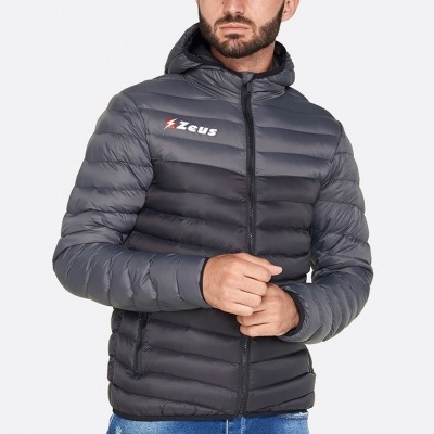 Casaco acolchoado com capuz cinza e preto com logo Zeus