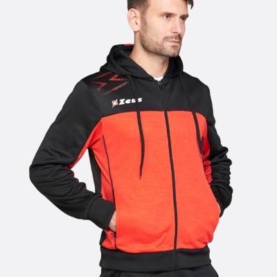 Casaco desportivo laranja e preto com capuz e logotipo Zeus