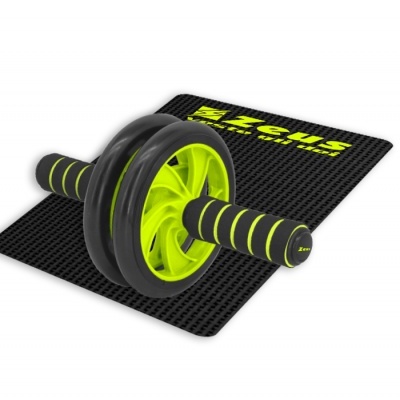 Roda de exercício preta e verde fluorescente sobre base preta com texto amarelo