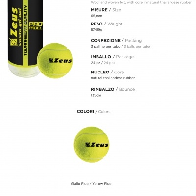 Embalagem e bola de padel Zeus amarelo fluo em feltro com texto e descrição técnica.