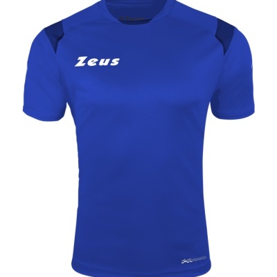 T-shirt desportiva azul com texto Zeus branco