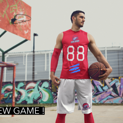 Homem com roupa de basquetebol vermelha e branca numa quadra com grafitis e tabela laranja