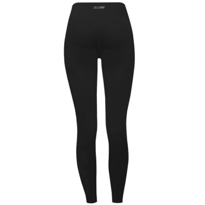 Leggings pretas para mulher com cós largo e texto ZEUSFIT na parte traseira.