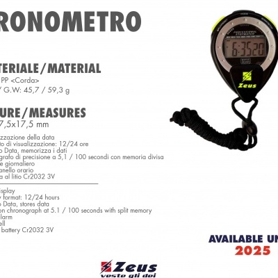 Cronómetro digital preto e cinza com cordão e visor LCD mostrando tempo, sobre fundo branco com texto descriptivo ao lado