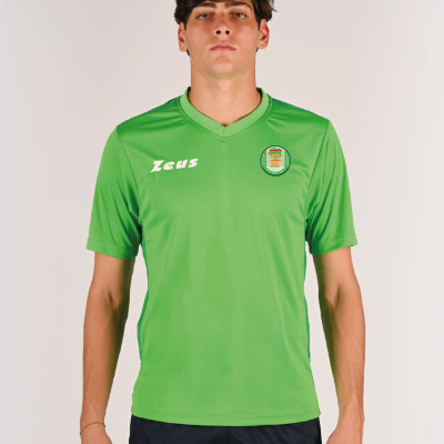 Camisola deportiva verde com logótipos Zeus e emblema colorido