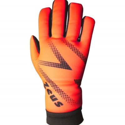 Luva desportiva laranja com padrões pretos e texto ZEUS