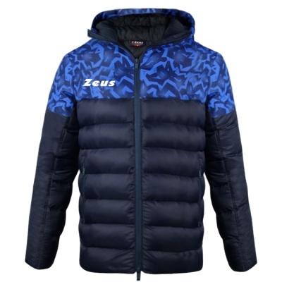 Casaco acolchoado azul e preto com capuz e padrão geométrico