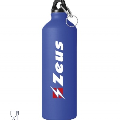 Garrafa desportiva azul com texto Zeus e símbolo de raio vermelho e branco