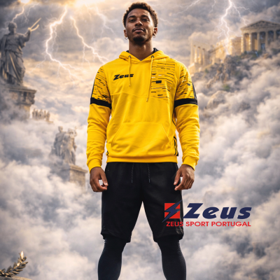 Homem com sweatshirt amarelo Zeus em cenário com nuvens e estátuas antigas