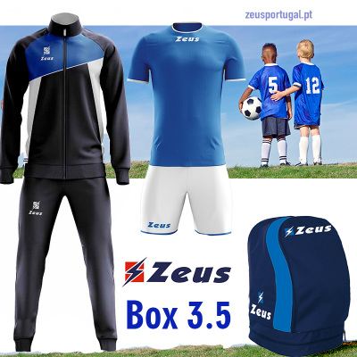 Conjunto desportivo Zeus com fato treino, camisola, calções, mochila e crianças com camisolas azuis no campo