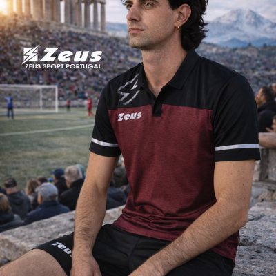 Homem com roupa desportiva Zeus sentado em estádio com ruínas ao fundo