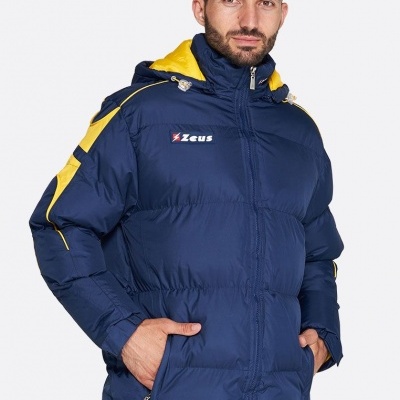 Casaco acolchoado azul com detalhes amarelos e logótipo Zeus