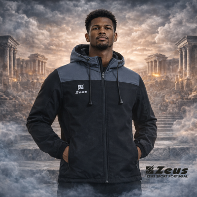 Casaco desportivo preto e cinzento com capuz e logótipo Zeus