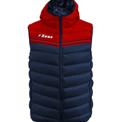 Colete de penas azul escuro e vermelho com capuz e fecho de correr