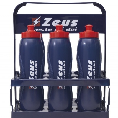 Três garrafas desportivas azuis com tampas vermelhas em suporte azul escuro com texto Zeus