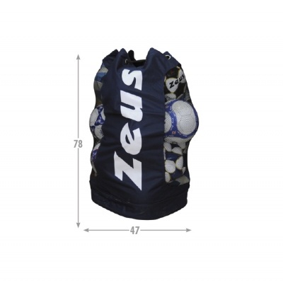 Saco de transporte azul escuro para bolas com logo Zeus e rede transparente mostrando bolas