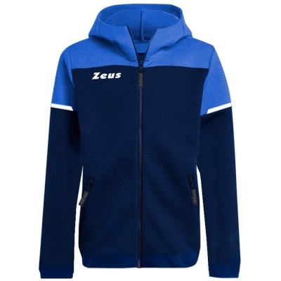 Casaco com capuz azul escuro e claro com texto Zeus e bolsos com fecho
