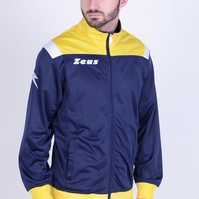 Conjunto desportivo azul escuro com detalhes amarelos e brancos e texto Zeus.