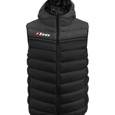 Colete acolchoado preto com capuz e logotipo Zeus no peito
