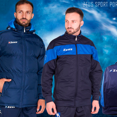 Dois homens com roupa desportiva Zeus azul escura e azul celeste com logótipo Zeus, fundo azul com texto