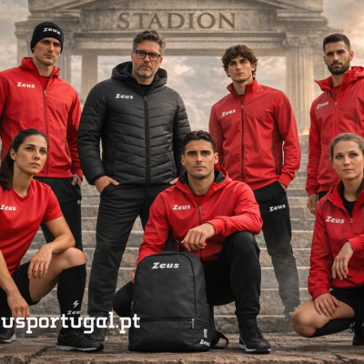 Grupo de pessoas usando roupa desportiva vermelha e preta da Zeus em escadaria com tochas em chamas ao fundo.