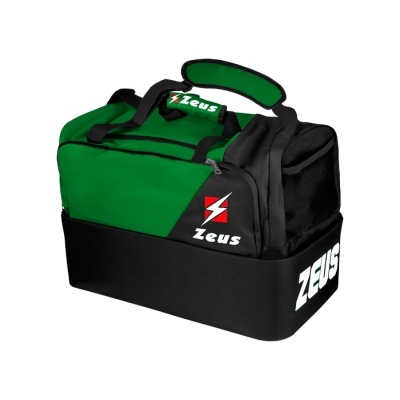 Mala desportiva verde e preta da marca Zeus com alça acolchoada e bolso lateral de rede.