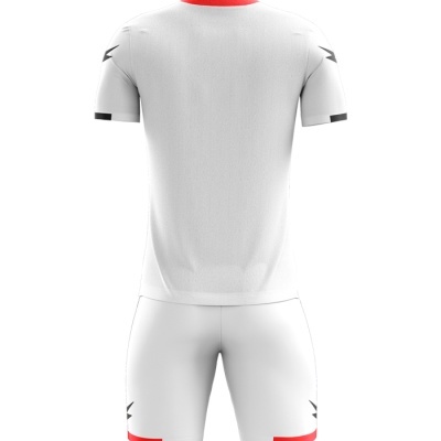 Equipamento desportivo branco com detalhes vermelhos visto de trás