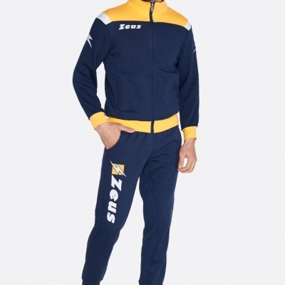 Conjunto desportivo azul escuro e amarelo com texto Zeus.