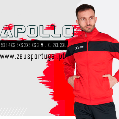 Homem com casaco desportivo vermelho com risca preta e calças pretas, texto sobre tamanhos e site Zeusport.