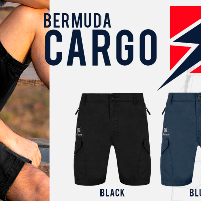 Bermudas cargo Zeus em preto e azul com bolsos laterais e anúncio promocional