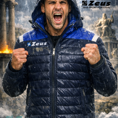 Homem de capuz com casaco azul impermeável sob chuva intensa com texto Zeus e fundo antigo