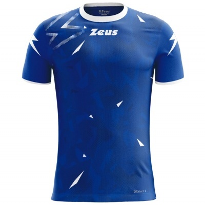 Camiseta desportiva azul com detalhes brancos e texto Zeus