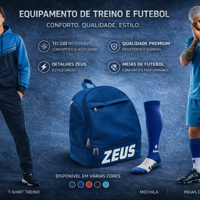 Equipamento treino futebol Zeus com fato treino azul e preto, t-shirt azul, mochila azul e meias futebol azuis e brancas