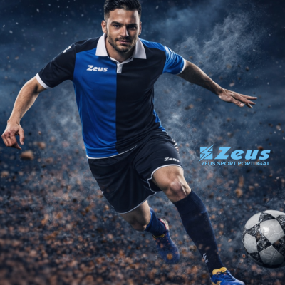 Jogador de futebol em ação com equipamento azul e preto da Zeus