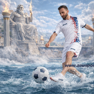 Jogador de futebol em campo com uniforme branco e padrão azul e vermelho, com estátua e colunas ao fundo