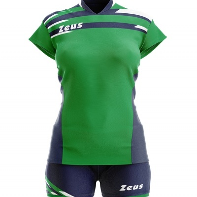 Conjunto desportivo feminino verde e azul escuro com riscas e inscrições Zeus.